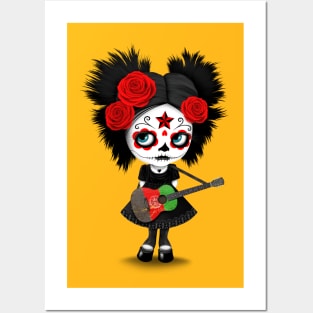 Sugar Skull Girl Playing Afghan Flag Guitar Posters and Art